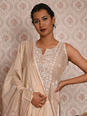 Rajwada Women Beige Shimmered Polyester Chikankari Beads Embroidered Unstitched Kurta Set