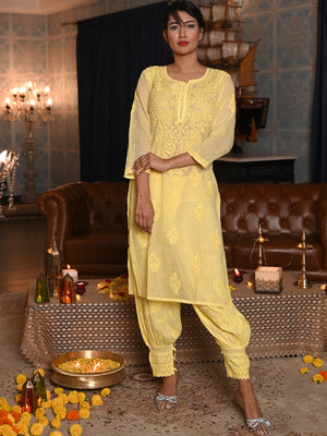Rajwada Women Yellow Chequered Voile Chikankari Embroidered Stitched Kurta With Salwar