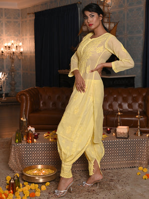 Rajwada Women Yellow Chequered Voile Chikankari Embroidered Stitched Kurta With Salwar