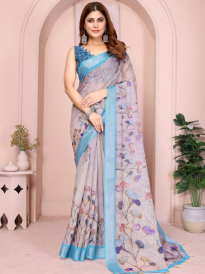 Rajwada Grey Cotton Printed Saree For Women