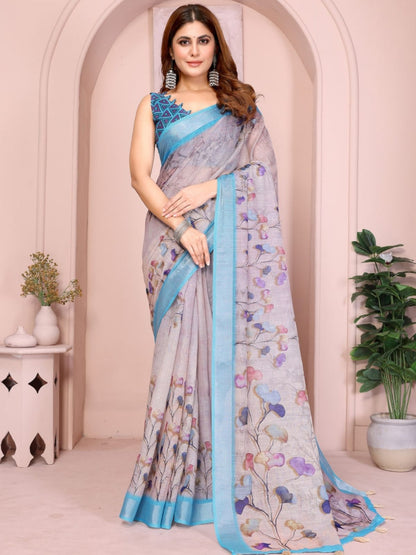 Rajwada Grey Cotton Printed Saree For Women