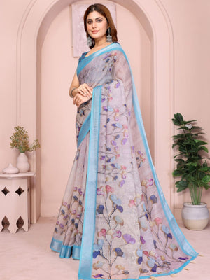 Rajwada Grey Cotton Printed Saree For Women
