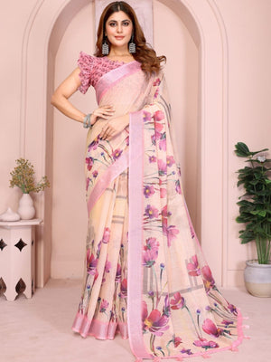Rajwada Cream Cotton Printed Saree For Women