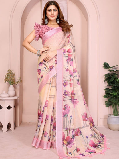 Rajwada Cream Cotton Printed Saree For Women