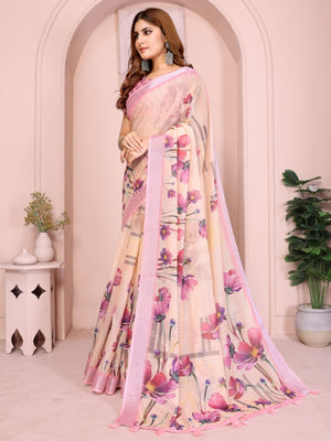 Rajwada Cream Cotton Printed Saree For Women
