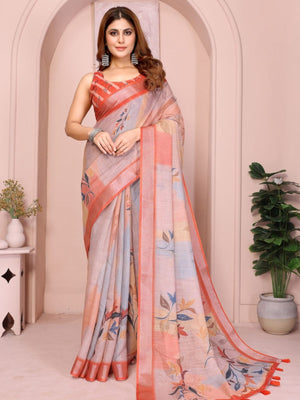 Rajwada Pastel Peach Cotton Printed Saree For Women