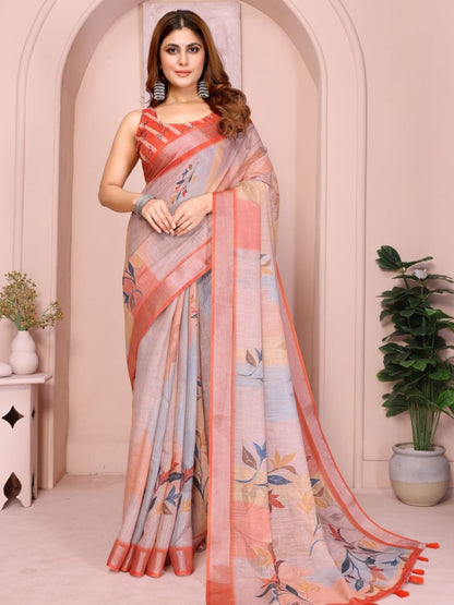 Rajwada Pastel Peach Cotton Printed Saree For Women