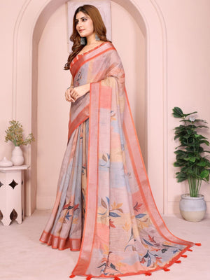 Rajwada Pastel Peach Cotton Printed Saree For Women