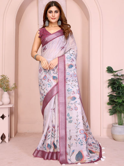 Rajwada Off White Cotton Printed Saree For Women