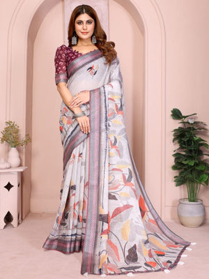 Rajwada Light Grey Cotton Printed Saree For Women