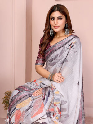 Rajwada Light Grey Cotton Printed Saree For Women