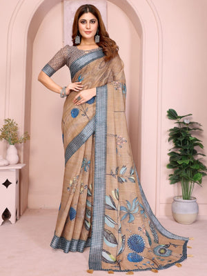 Rajwada Light Brown Cotton Printed Saree For Women