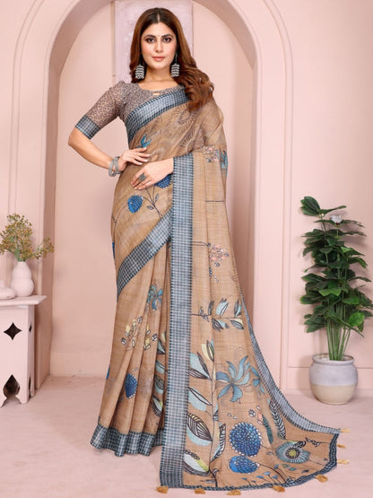 Rajwada Light Brown Cotton Printed Saree For Women