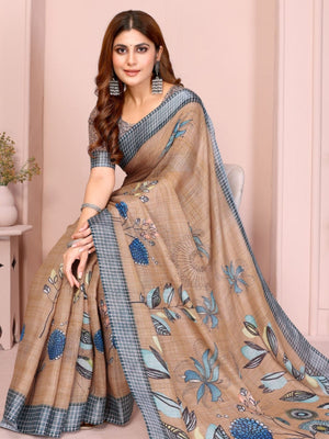 Rajwada Light Brown Cotton Printed Saree For Women