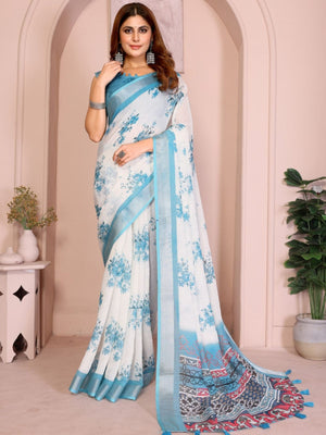 Rajwada Off White Cotton Printed Saree For Women