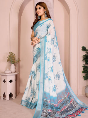Rajwada Off White Cotton Printed Saree For Women
