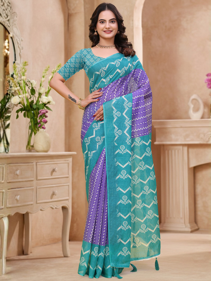 Rajwada Blue And Purple Cotton Printed Saree For Women