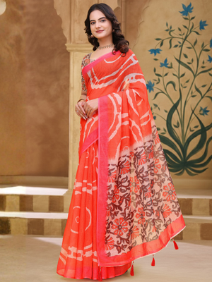 Rajwada Orange And Pink Cotton Printed Saree For Women