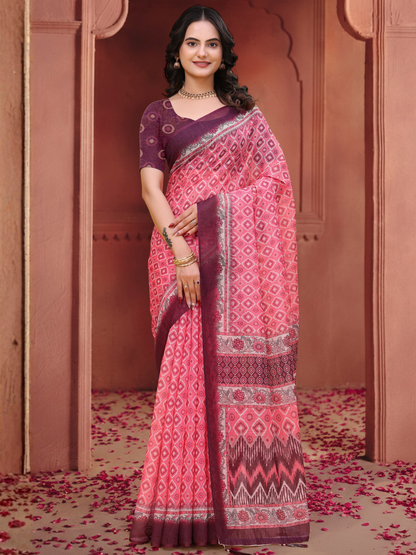 Rajwada Rose Pink Cotton Printed Saree For Women