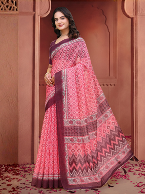 Rajwada Rose Pink Cotton Printed Saree For Women