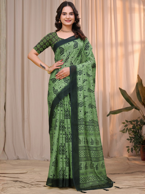 Rajwada Light Green Cotton Printed Saree For Women