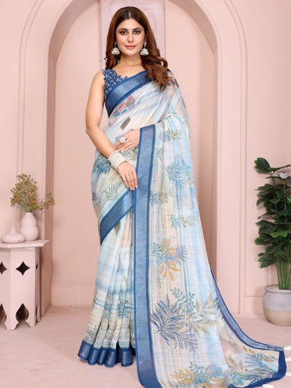 Rajwada Off White Cotton Printed Saree For Women
