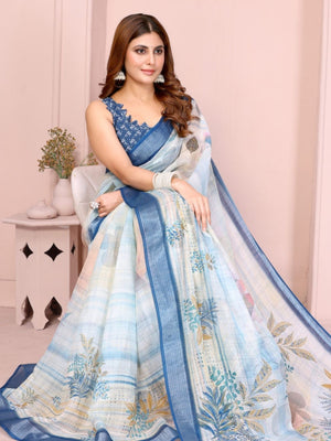 Rajwada Off White Cotton Printed Saree For Women