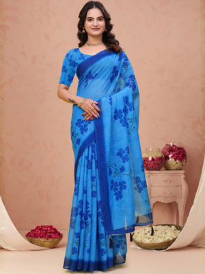 Rajwada Sky Blue Cotton Printed Saree For Women