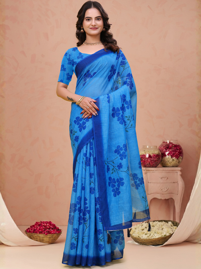 Rajwada Sky Blue Cotton Printed Saree For Women