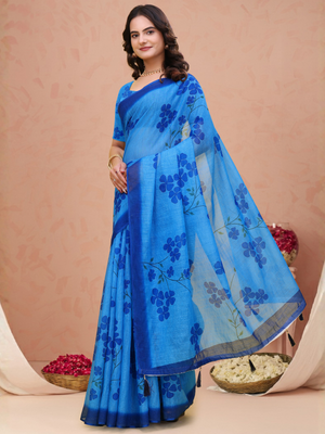 Rajwada Sky Blue Cotton Printed Saree For Women