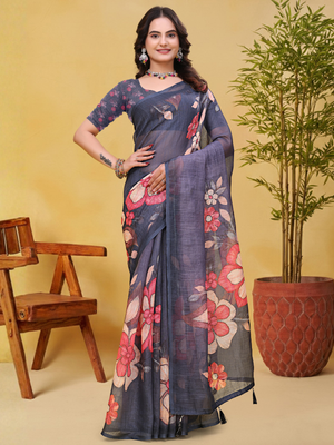 Rajwada Grey Cotton Printed Saree For Women