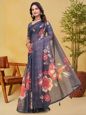 Rajwada Grey Cotton Printed Saree For Women