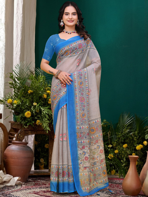 Rajwada Light Grey Cotton Printed Saree For Women