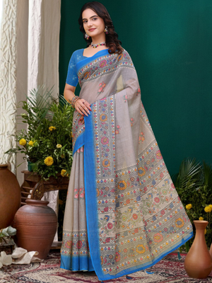 Rajwada Light Grey Cotton Printed Saree For Women