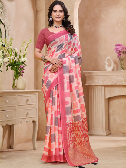 Rajwada Light Pink And Peach Cotton Printed Saree For Women
