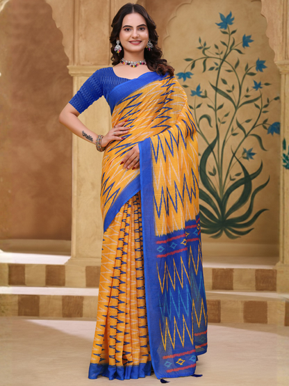 Rajwada Mustard Yellow Cotton Printed Saree For Women