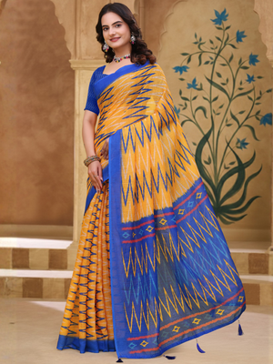 Rajwada Mustard Yellow Cotton Printed Saree For Women