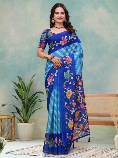 Rajwada Sky Blue And Royal Blue Cotton Printed Saree For Women