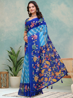 Rajwada Sky Blue And Royal Blue Cotton Printed Saree For Women
