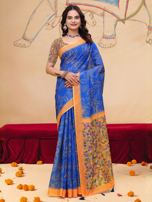 Rajwada Royal Blue And Gold Cotton Printed Saree For Women