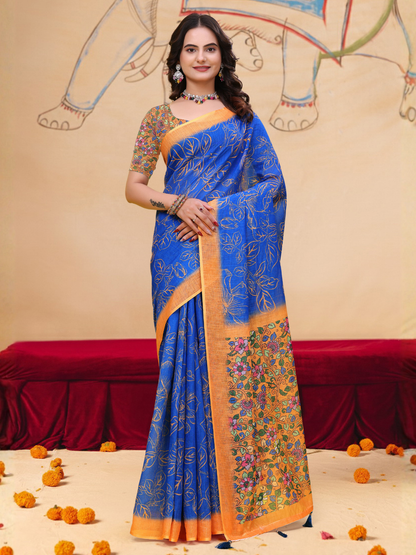 Rajwada Royal Blue And Gold Cotton Printed Saree For Women