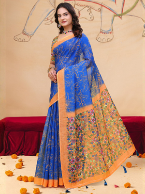 Rajwada Royal Blue And Gold Cotton Printed Saree For Women