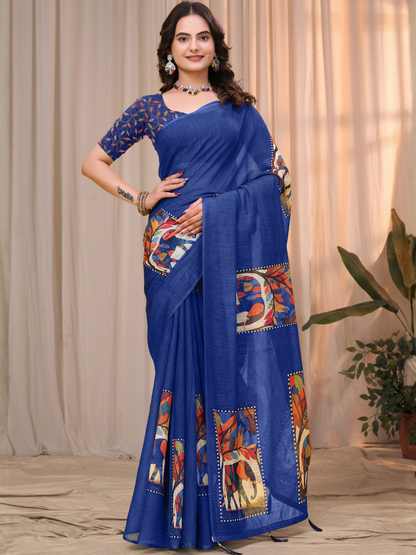 Rajwada Royal Blue Cotton Printed Saree For Women