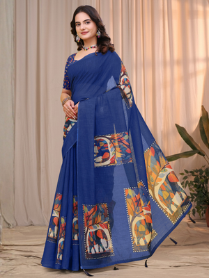 Rajwada Royal Blue Cotton Printed Saree For Women