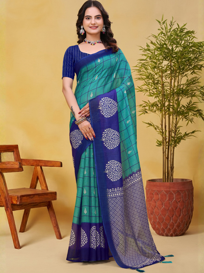 Rajwada Teal Green And Royal Blue Cotton Printed Saree For Women