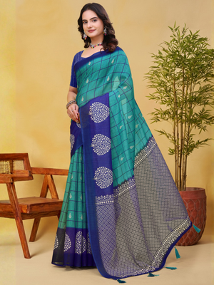 Rajwada Teal Green And Royal Blue Cotton Printed Saree For Women