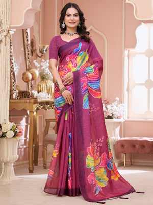 Rajwada Magenta Cotton Printed Saree For Women