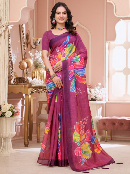 Rajwada Magenta Cotton Printed Saree For Women