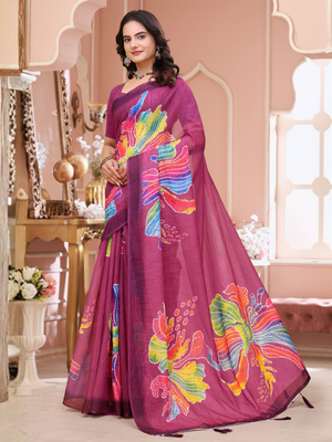 Rajwada Magenta Cotton Printed Saree For Women