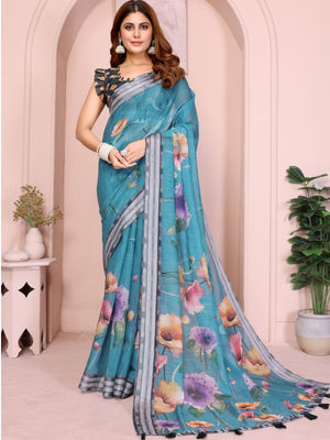 Rajwada Teal Blue Cotton Printed Saree For Women